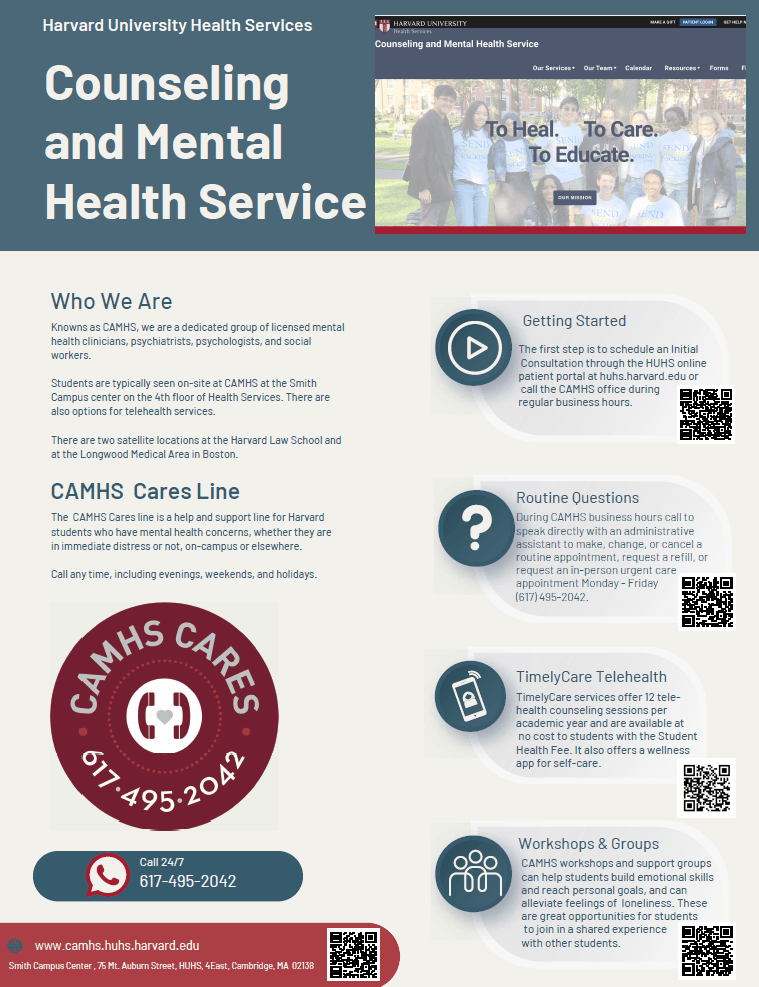 CAMHS flyer to highlight resources and services for students who pay the Student Health Fee.